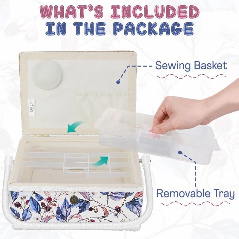 COMFECTO Sewing Basket with Blue Red Floral Print Design, Empty Vintage Sewing Box for Sewing Supplies with Removable Tray Built-In Pin Cushion Interior Pocket - Image 2